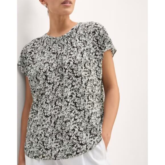 Everlane SZ S The Gathered Neck Top Bone/Black Mini Floral NWT - Picture 2 of 6
